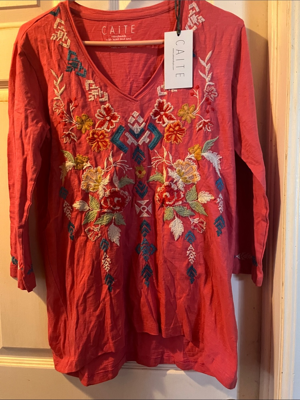 Caite Coral Embroidered V-Neck Tunic Top